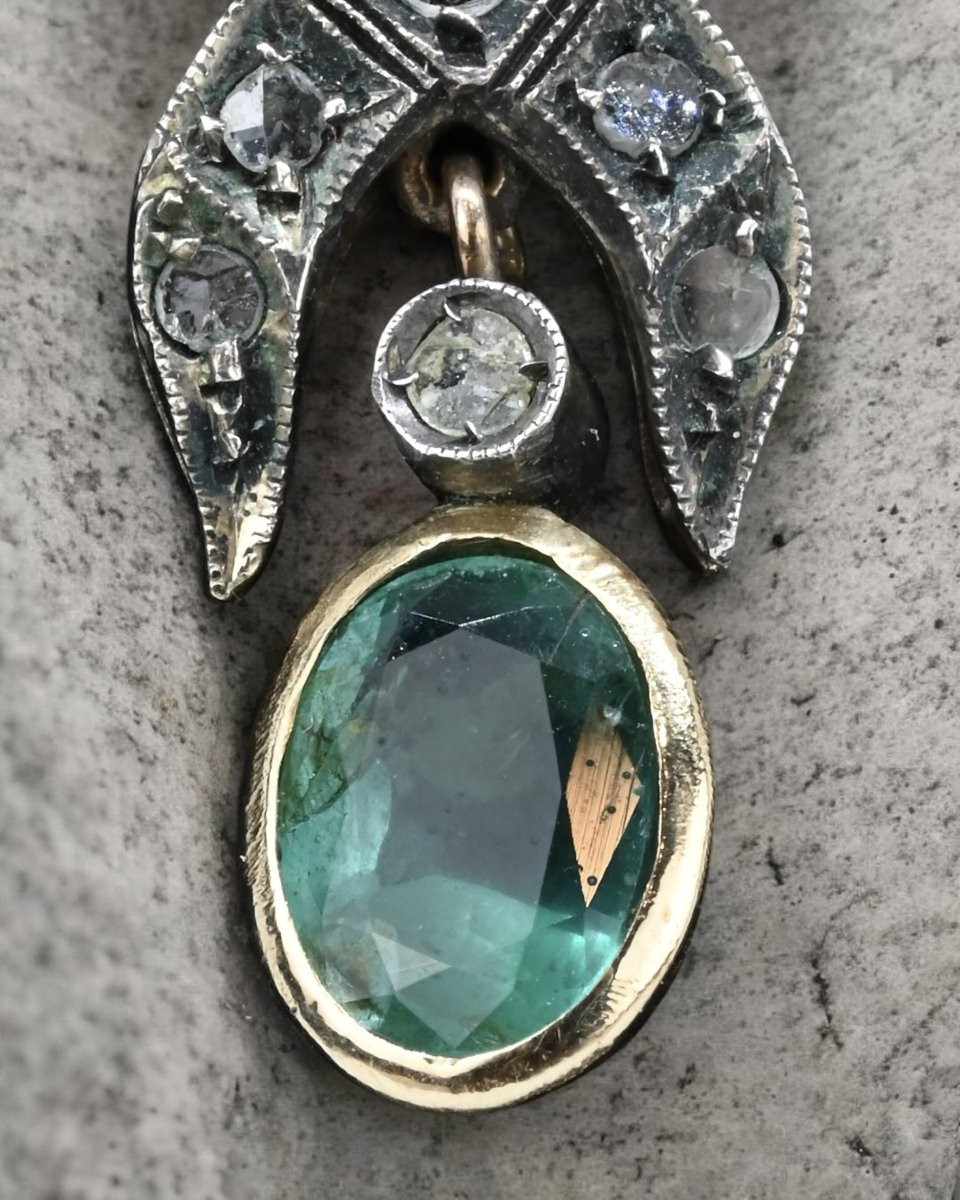 Collier en Argent, Or et Roses en Diamants avec pendentif en  Émeraude - Italie, début du XXe -photo-4